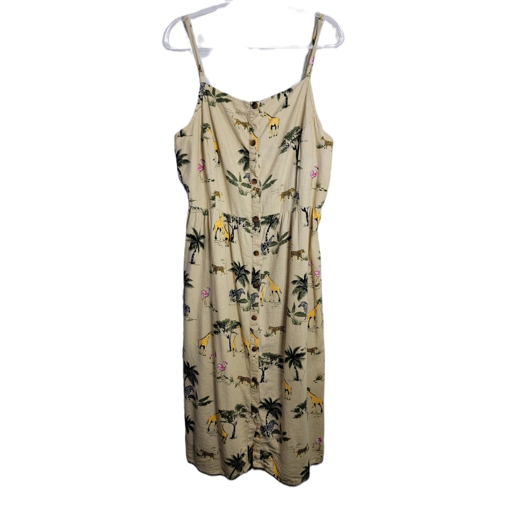 Old Navy XXL Safari Print Linen Blend Button Front Cami Midi Dress Beige Giraffe